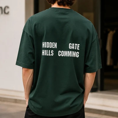 تیشرت باکسی (Oversized) پشت چاپدار پفکی | رنگ سبز یشمی (Forest Green) | Forest Green Oversized Street-Style Graphic Tee