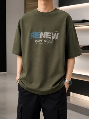 تیشرت خیابانی (Streetwear) طرح گرافیکی RENEW رنگی یشمی