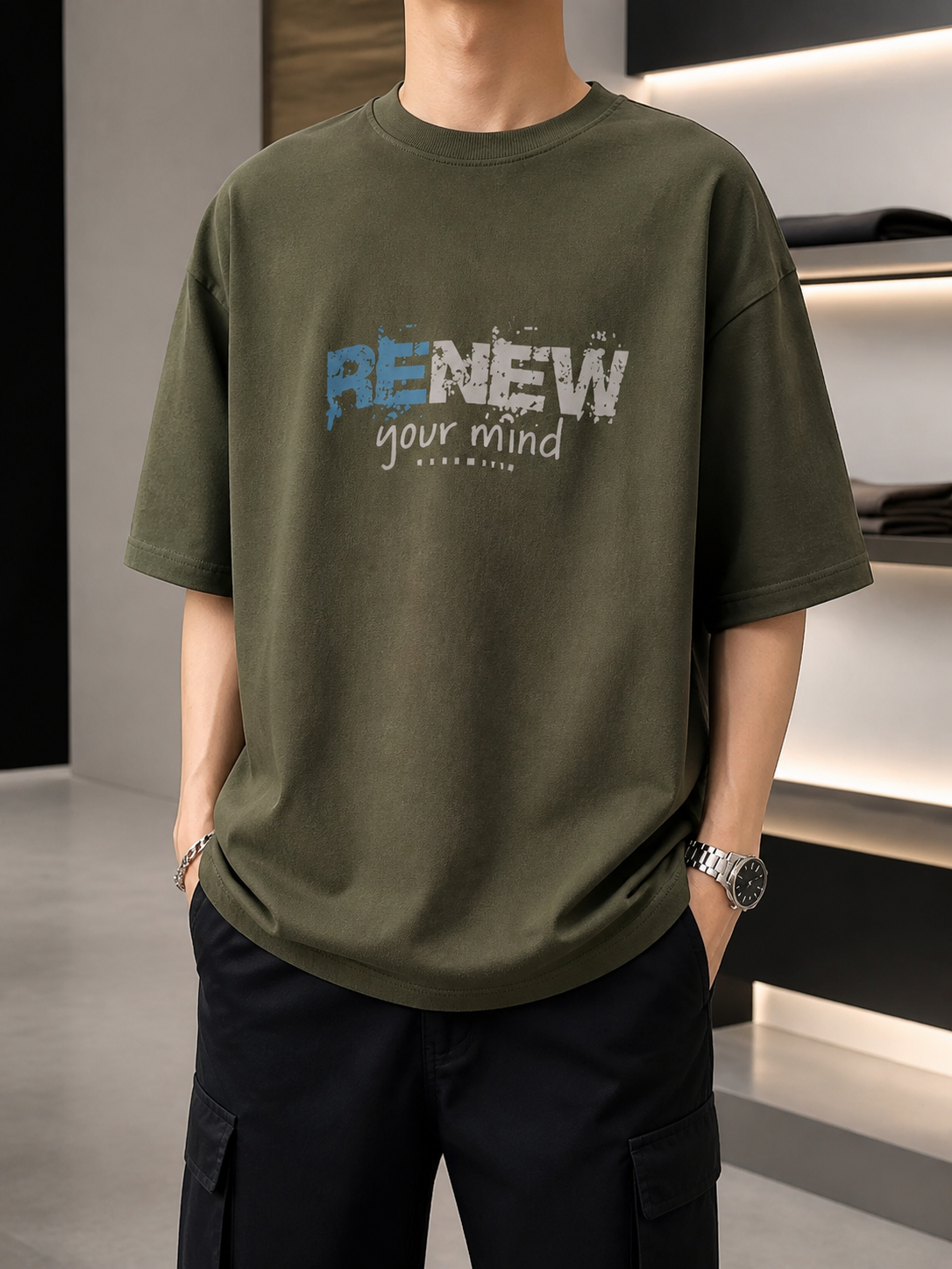 تیشرت خیابانی (Streetwear) طرح گرافیکی RENEW رنگی یشمی