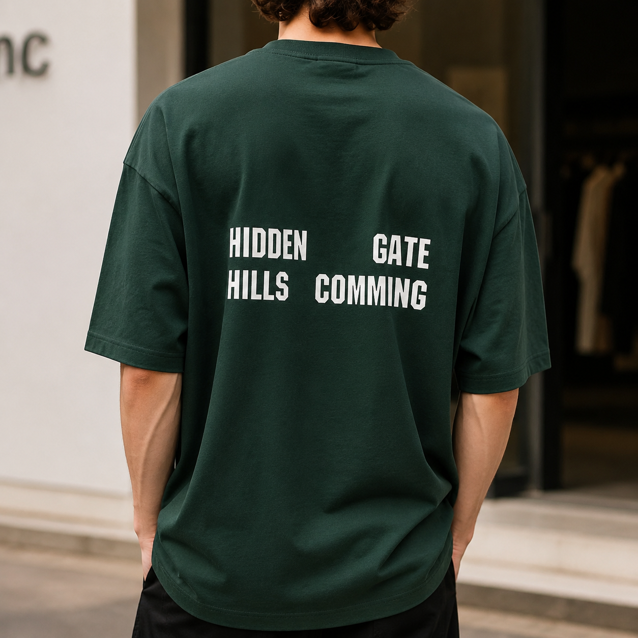 تی‌شرت باکسی (Oversized) پشت چاپدار پفکی |  رنگ سبز یشمی (Forest Green) | Forest Green Oversized Street-Style Graphic Tee