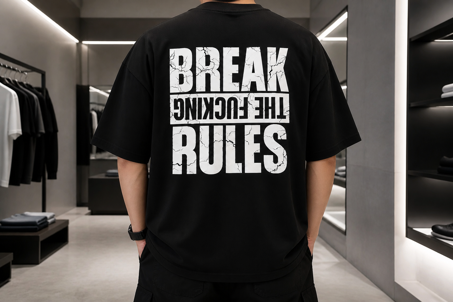 تیشرت مردانه مشکی مدل Break The Rules اورسایز با چاپ پشت