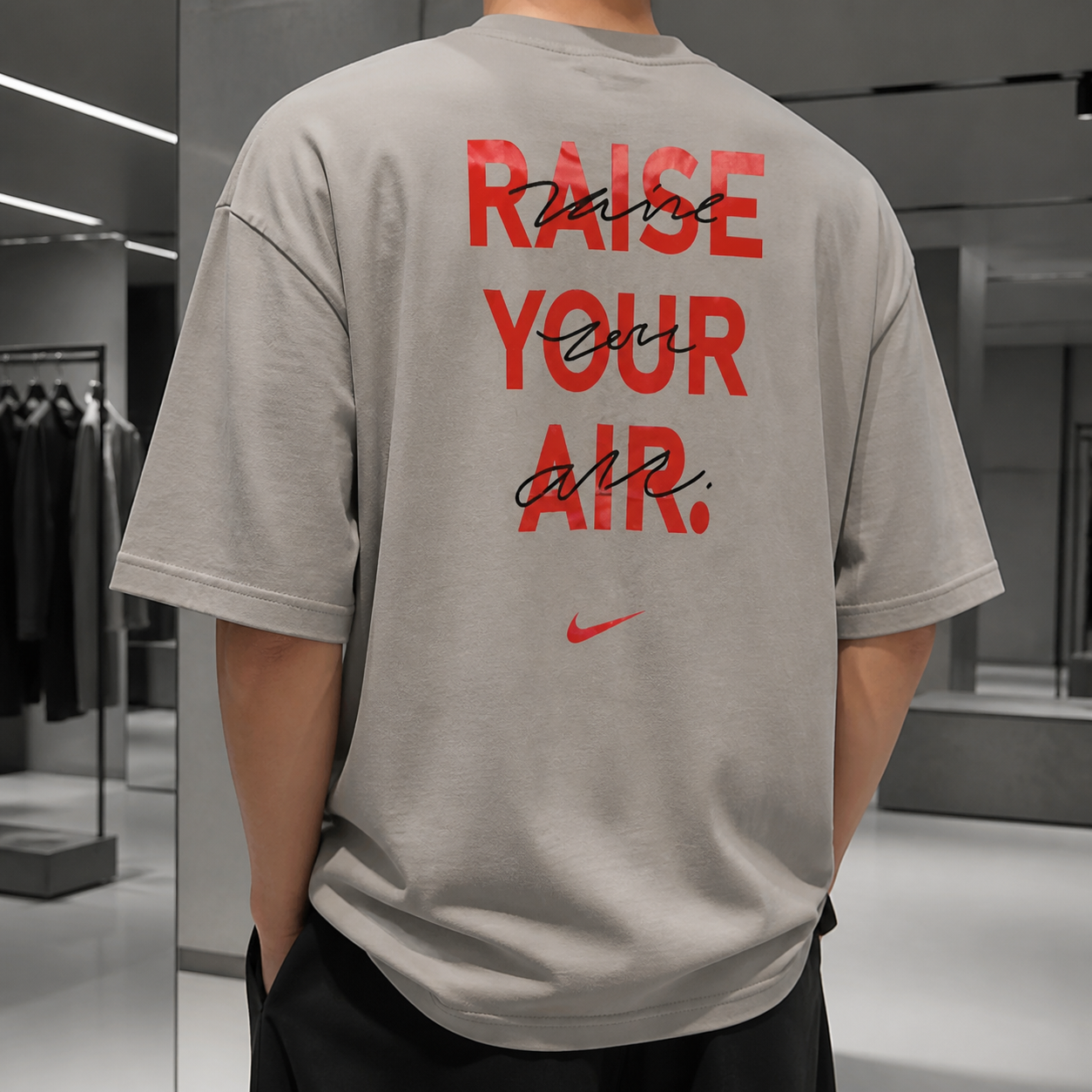 تیشرت مردانه خاکستری مدل Raise Your Air اورسایز با چاپ پشت گرافیکی پشت