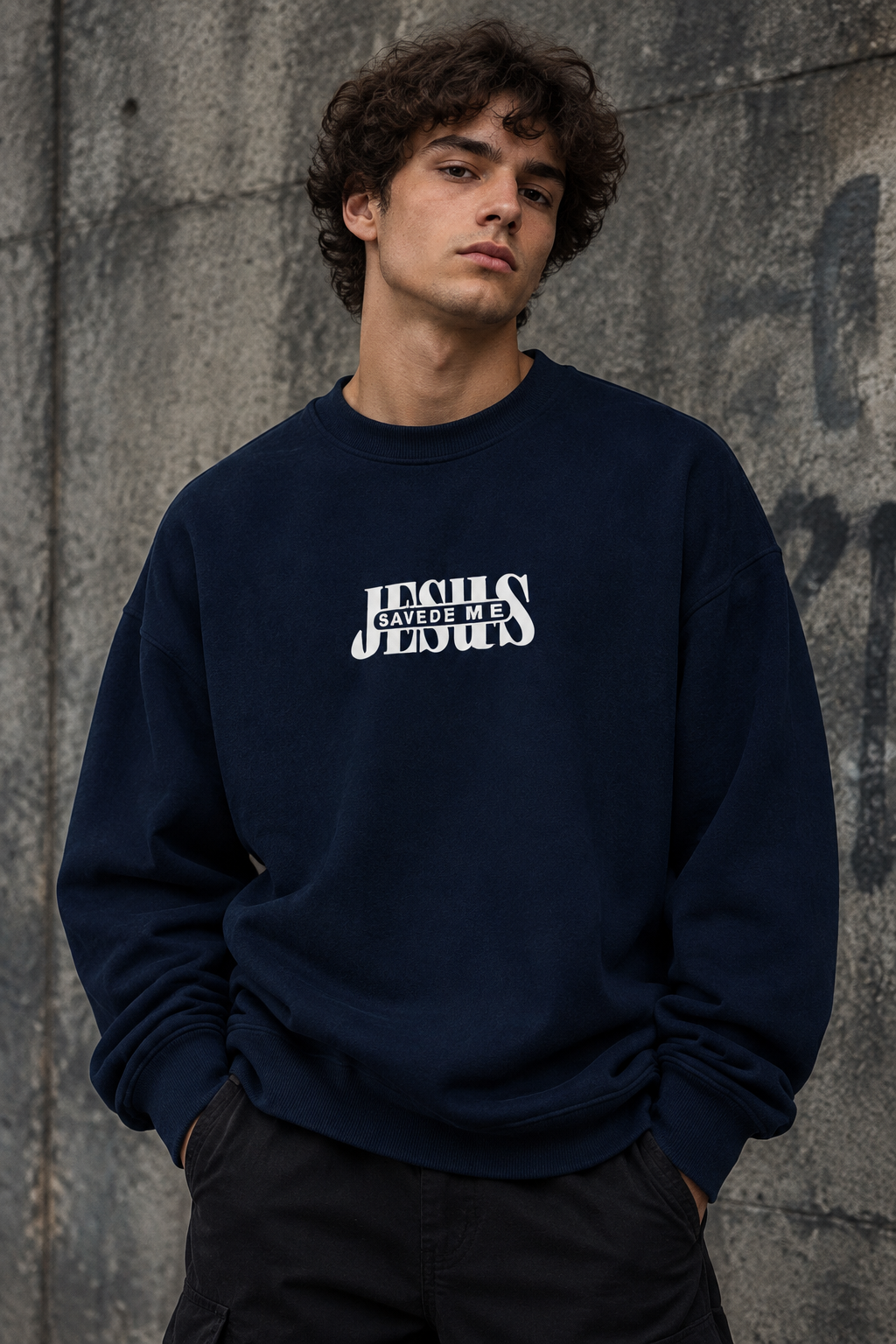دورس پاییزه مردانه سه نخ پنبه گرم بالا گرافیکی رنگ سرمه ای SAVEDE ME | Cotton Sweatshirt