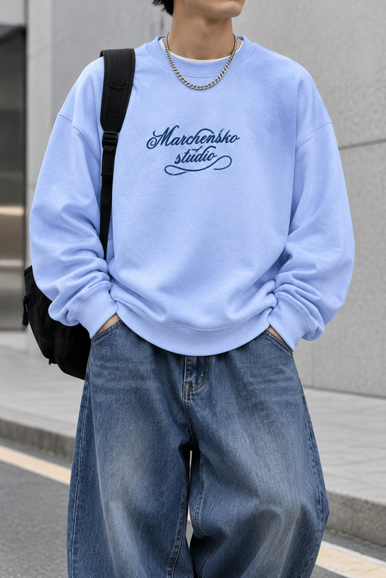 دورس پاییزه مردانه سه نخ پنبه گرم بالا رنگ ابی پاستیلی | Minimal Cotton Sweatshirt