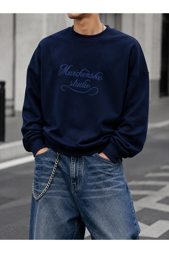 دورس پاییزه مردانه سه نخ پنبه گرم بالا رنگ سرمه ای | Minimal Cotton Sweatshirt