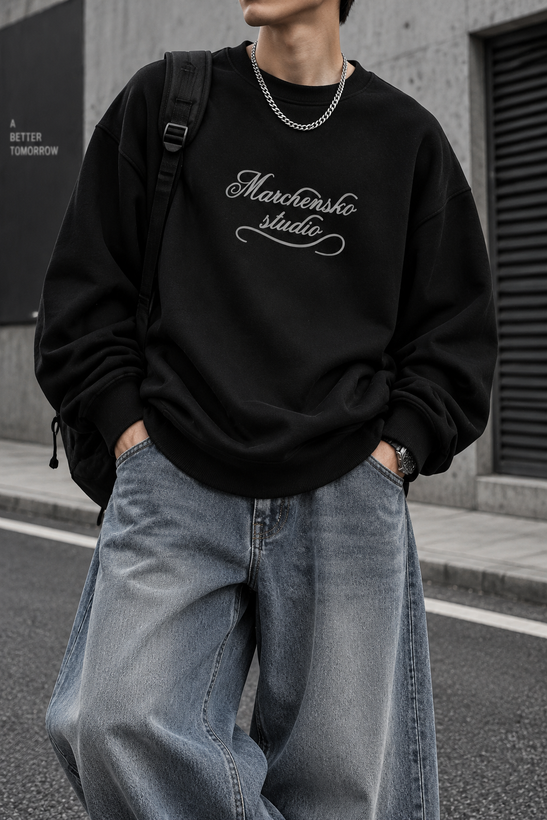 دورس پاییزه مردانه سه نخ پنبه گرم بالا رنگ مشکی | Minimal Cotton Sweatshirt