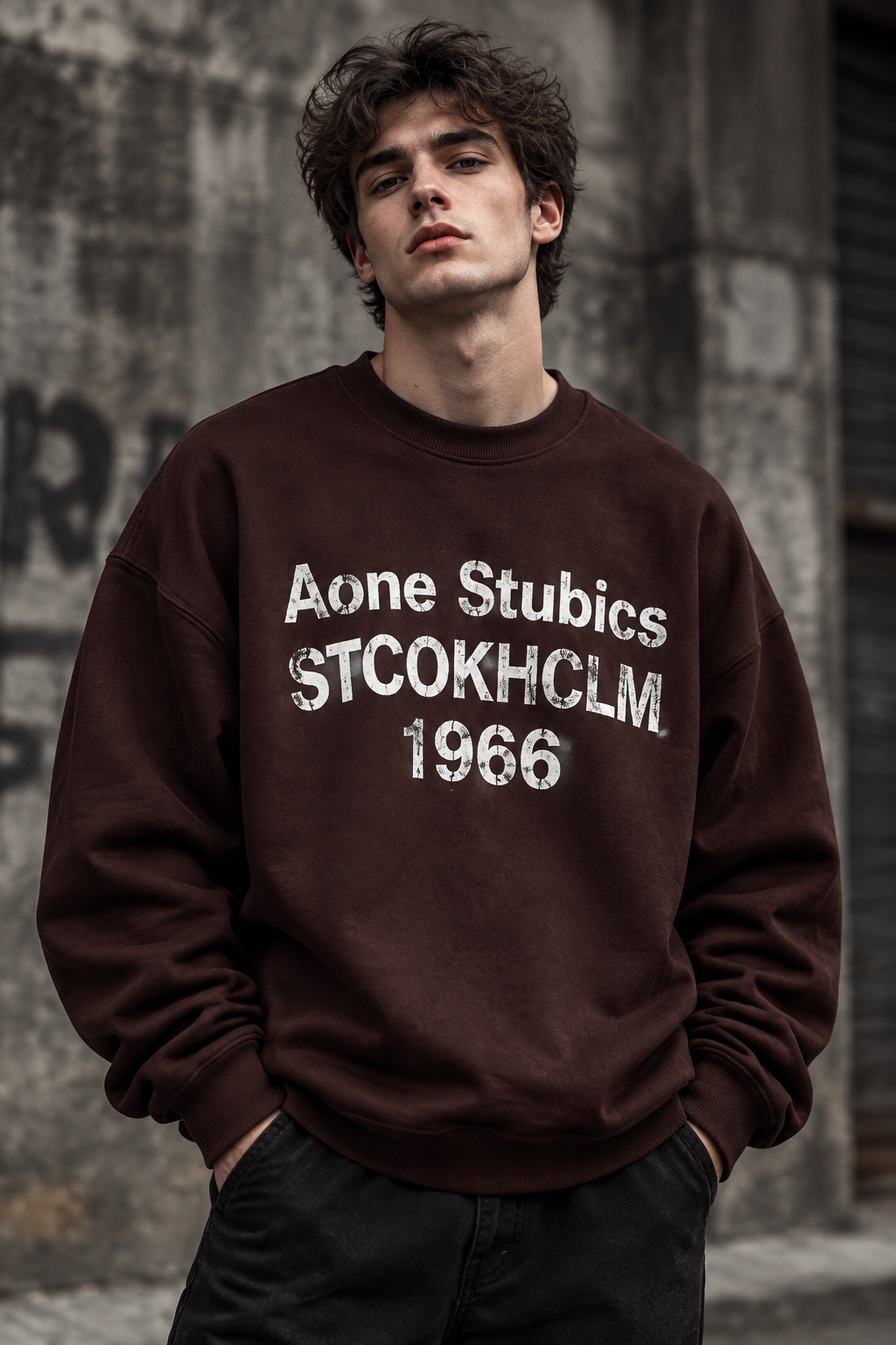 دورس گرم بالا مردانه پنبه سه نخ رنگ قهوه ای موکا تایپوگرافی 1966 | Navy Oversized Sweatshirt