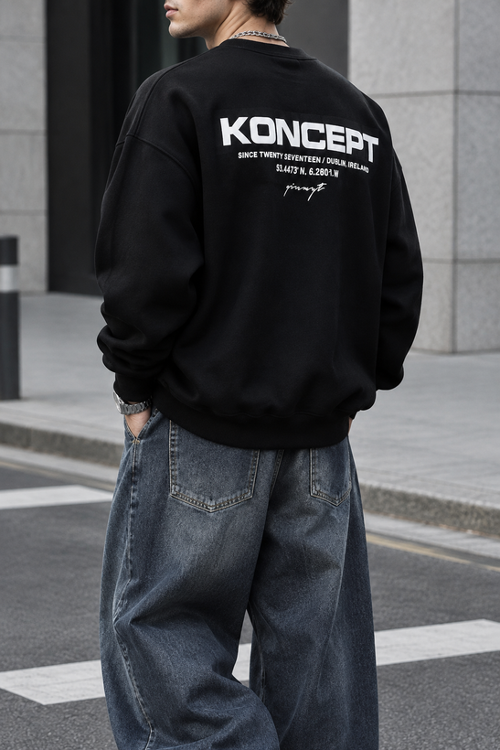 دورس یقه گرد مشکی با چاپ پشت طرح KONCEPT رنگ مشکی | Minimalist Crewneck
