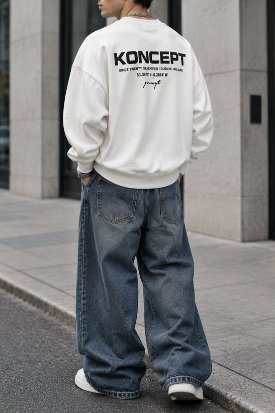 دورس یقه گرد مشکی با چاپ پشت طرح KONCEPT رنگ سفید | Minimalist Crewneck