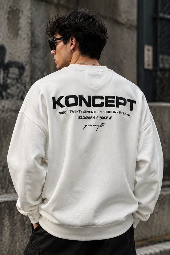 دورس یقه گرد مشکی با چاپ پشت طرح KONCEPT رنگ سفید | Minimalist Crewneck