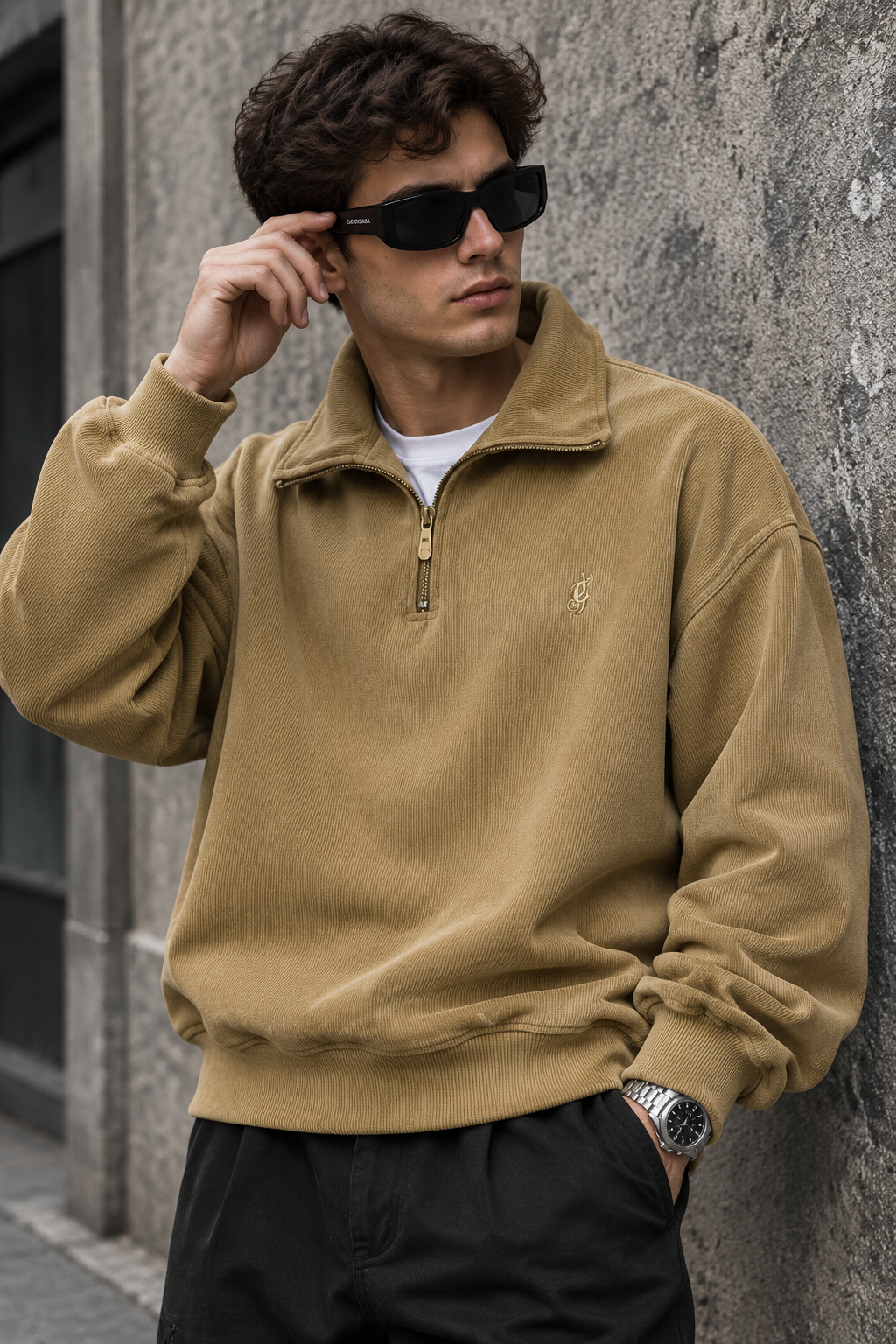 دورس اولد مانی ماندانا نیم زیپ مردانه رنگ اجری مخملی | Cream Half-Zip Sweatshirt