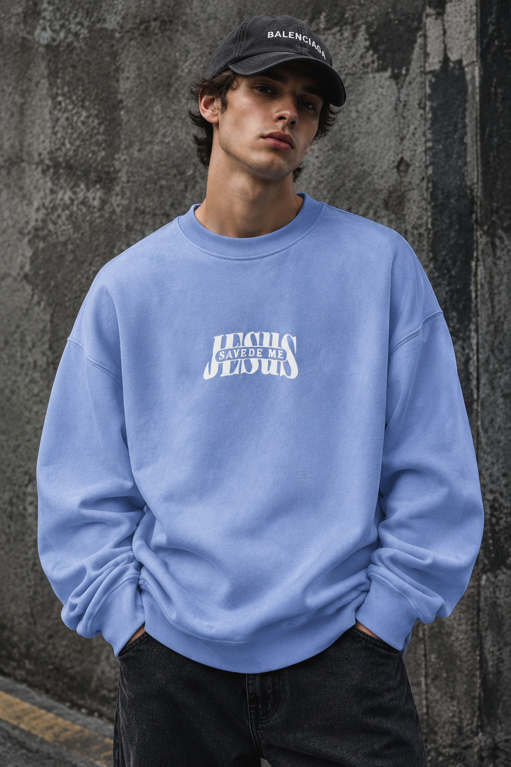 دورس پاییزه مردانه سه نخ پنبه گرم بالا گرافیکی رنگ ابی پاستیلی SAVEDE ME | Cotton Sweatshirt