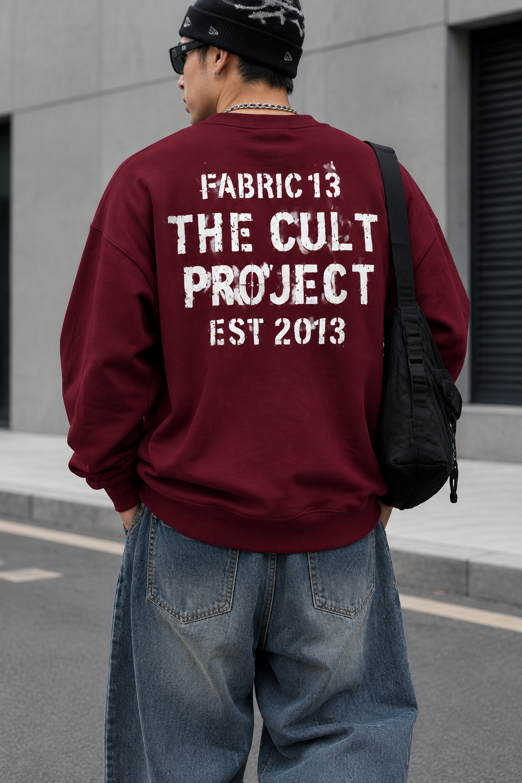 دورس یقه گرد پنبه ۳ نخ زرشکی پشت چاپ وینتیج EST.2013 | Fabric 13 Crewneck