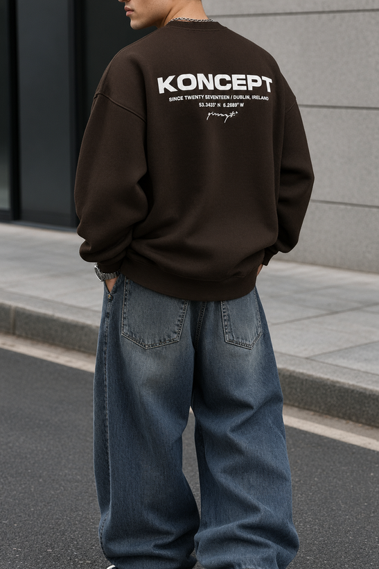 دورس یقه گرد مشکی با چاپ پشت طرح KONCEPT رنگ قهوه ای موکا | Minimalist Crewneck