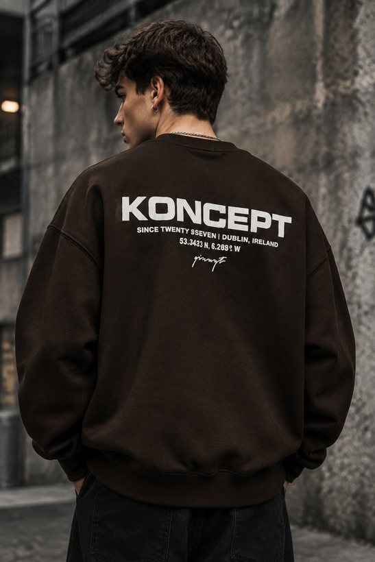 دورس یقه گرد مشکی با چاپ پشت طرح KONCEPT رنگ قهوه ای موکا | Minimalist Crewneck