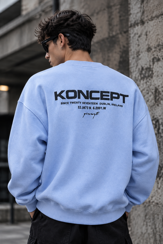 دورس یقه گرد مشکی با چاپ پشت طرح KONCEPT رنگ ابی پاستیلی | Minimalist Crewneck