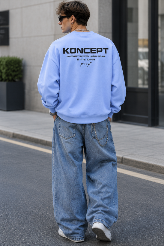 دورس یقه گرد مشکی با چاپ پشت طرح KONCEPT رنگ ابی پاستیلی | Minimalist Crewneck