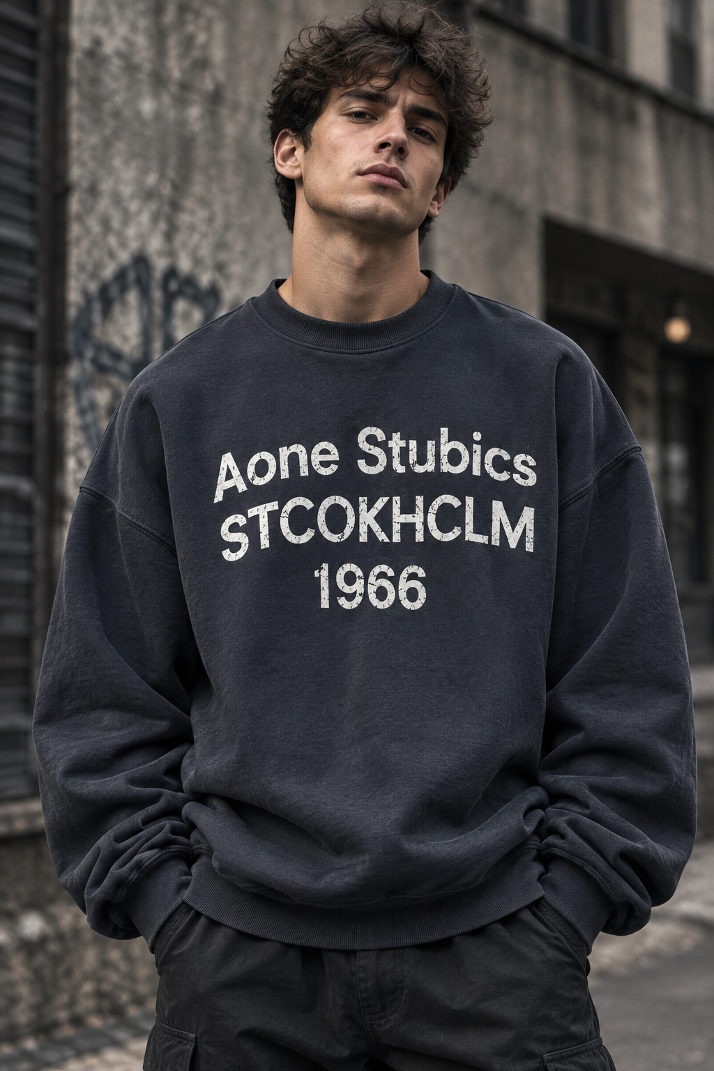 دورس گرم بالا مردانه پنبه سه نخ رنگ خاکستری دودی تایپوگرافی 1966 | Navy Oversized Sweatshirt
