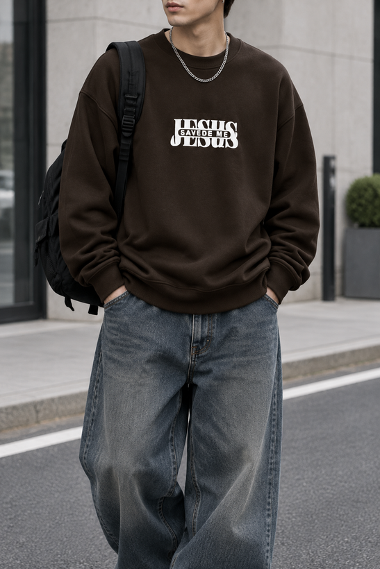 دورس پاییزه مردانه سه نخ پنبه گرم بالا گرافیکی رنگ قهوه ای موکا SAVEDE ME | Cotton Sweatshirt
