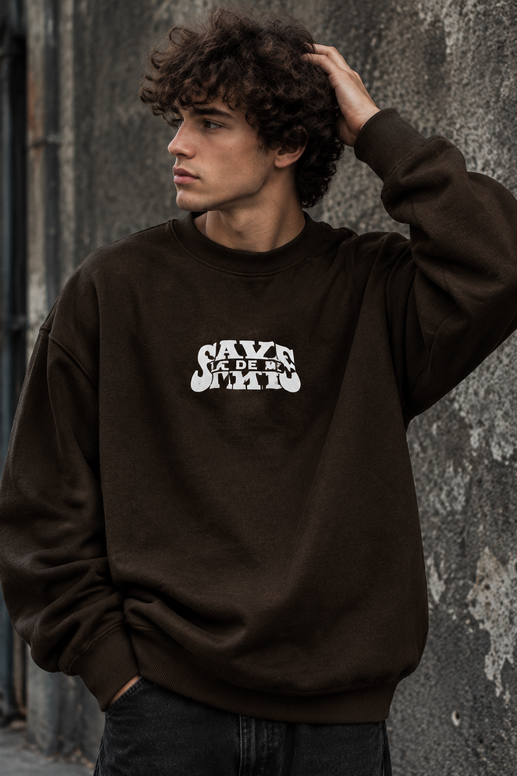 دورس پاییزه مردانه سه نخ پنبه گرم بالا گرافیکی رنگ قهوه ای موکا SAVEDE ME | Cotton Sweatshirt