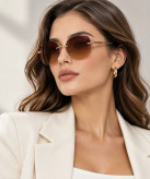 عینک آفتابی زنانه بدون فریم قهوهای با دسته زنجیری طلایی مدل Chain Link Rimless