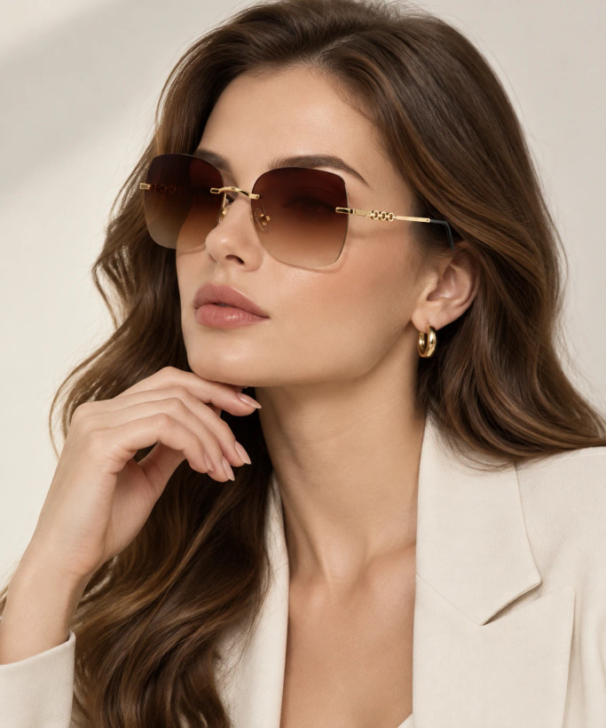 عینک آفتابی ریملس طلایی با لنز قهوهای گرادینت مدل Luxury Chain Knot