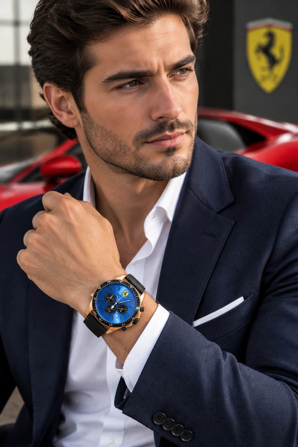 SCUDERIA FERRARI Pilota Rose Amber | ساعت کرونوگراف فراری قاب رزگلد صفحه آبی متالیک