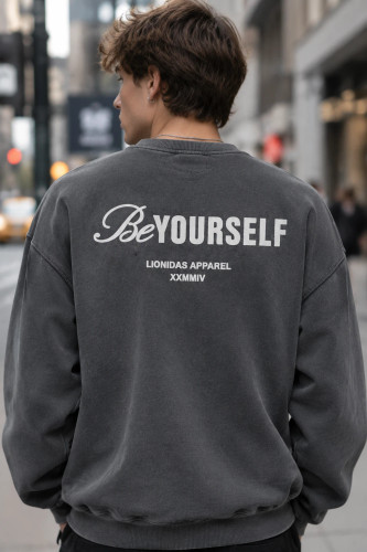 دورس مردانه یقه گرد سه نخ خاکستری دودی طرح تایپوگرافی پشت چاپ LIONIDAS | Urban Crewneck