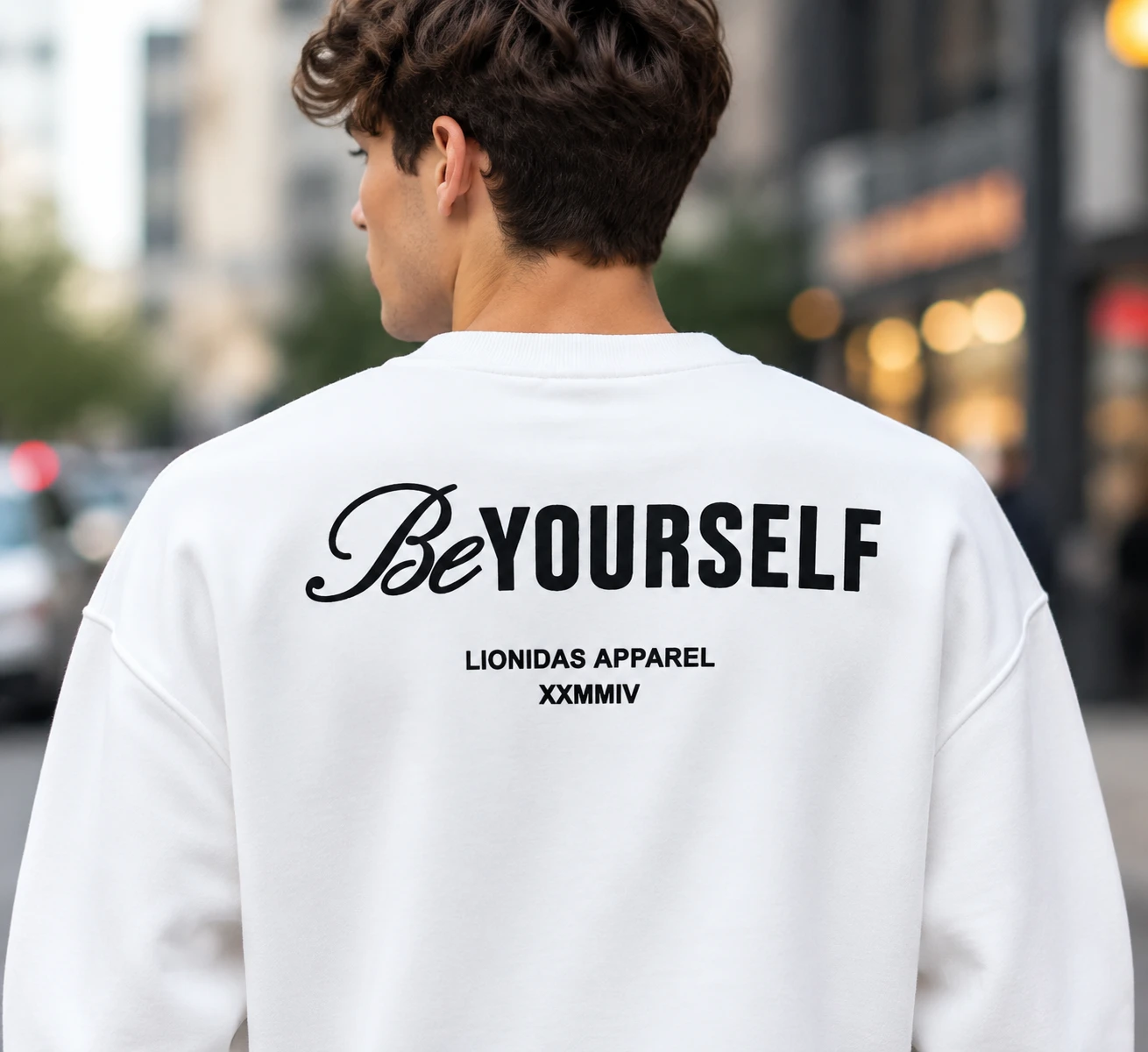 دورس مردانه یقه گرد سه نخ سفید طرح تایپوگرافی پشت چاپ LIONIDAS | Urban Crewneck