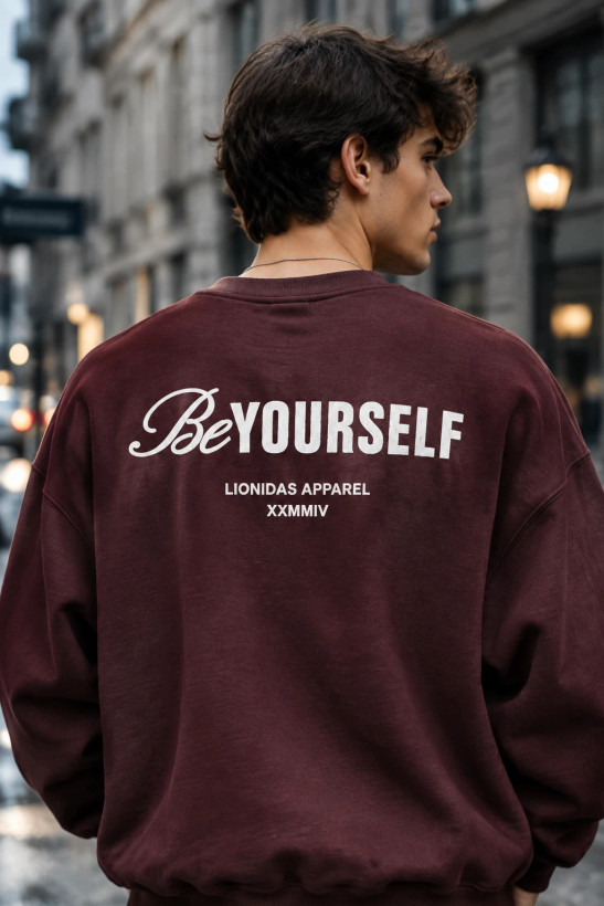 دورس مردانه یقه گرد سه نخ قهوه ای موکا طرح تایپوگرافی پشت چاپ LIONIDAS | Urban Crewneck