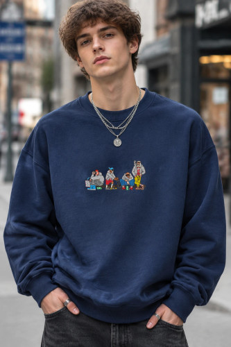 دورس سه نخ لش سرمه ای مردانه چاپ گرافیکی هیپهاپی | Urban Cartoon Crewneck