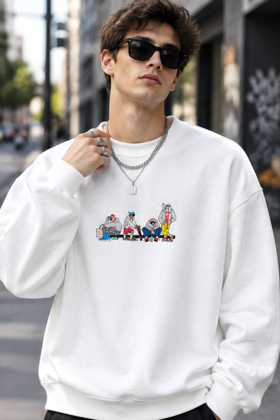 دورس سه نخ لش سفید مردانه چاپ گرافیکی هیپهاپی | Urban Cartoon Crewneck