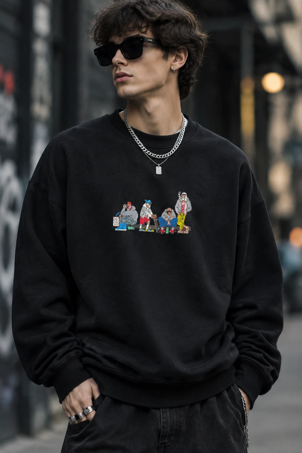 دورس سه نخ لش مشکی مردانه چاپ گرافیکی هیپ‌هاپی | Urban Cartoon Crewneck