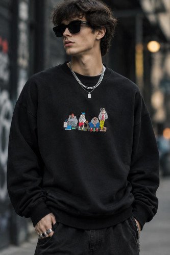 دورس سه نخ لش مشکی مردانه چاپ گرافیکی هیپهاپی | Urban Cartoon Crewneck