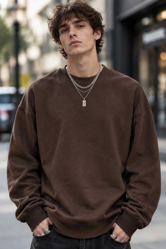 سویشرت دورس بیسیک لش پنبه سه نخ ضخیم قهوه ای موکا | Basic Oversized Sweatshirt