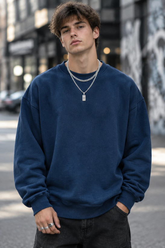 سویشرت دورس بیسیک لش پنبه سه نخ ضخیم سرمه ای | Basic Oversized Sweatshirt