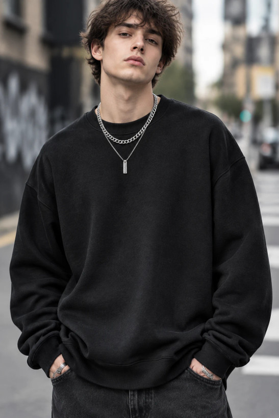 سویشرت دورس بیسیک لش پنبه سه نخ ضخیم مشکی | Basic Oversized Sweatshirt