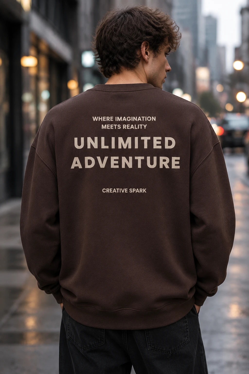 دورس پنبه سه‌نخ یقه گرد قهوه ای موکا طرح اسلوگان سینتیک | Men’s Oversized Pullover