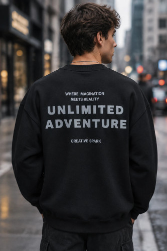 دورس پنبه سهنخ یقه گرد مشکی طرح اسلوگان سینتیک | Men’s Oversized Pullover