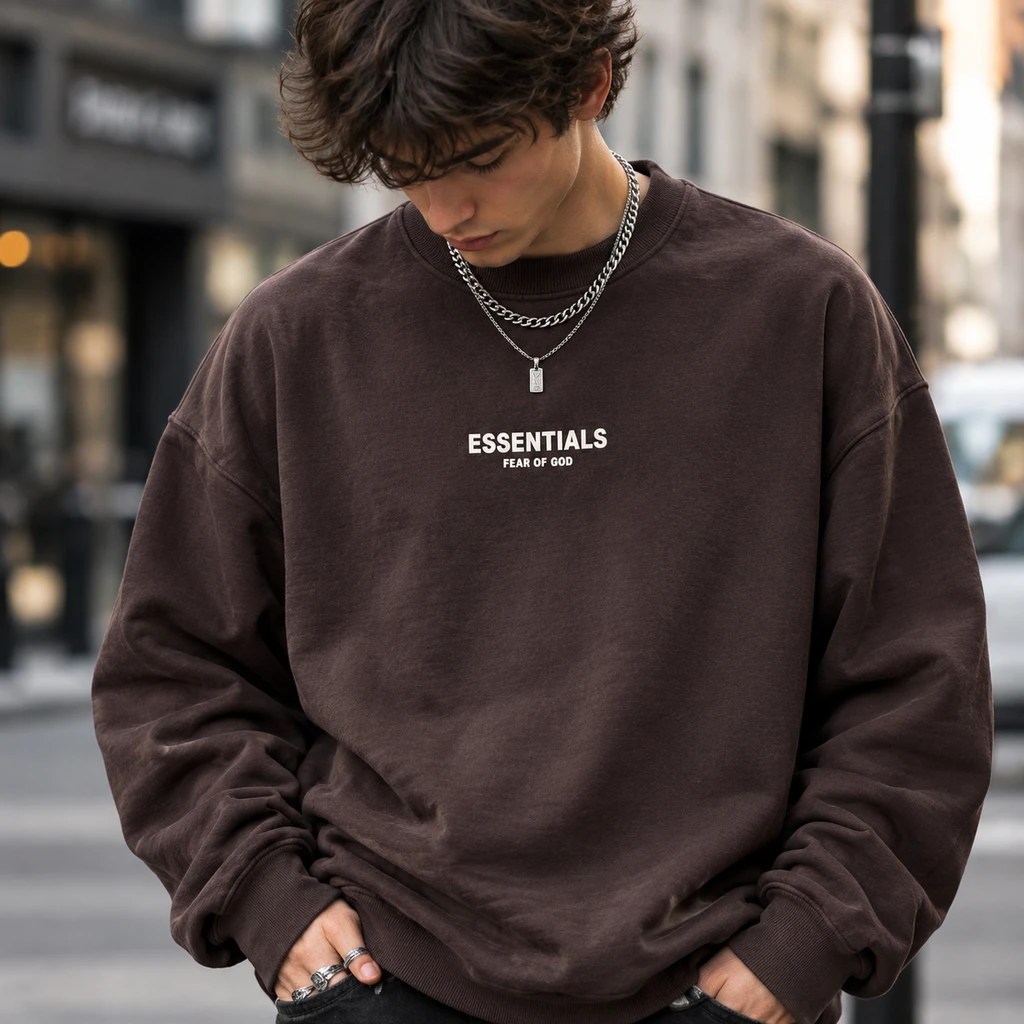 سویشرت دورس پنبه سه‌نخ قهوه ای موکا لش طرح اسنشالز | Men’s Streetwear Crewneck