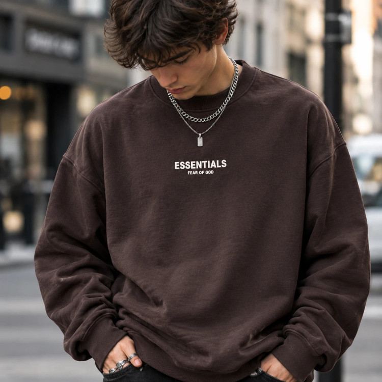 سویشرت دورس پنبه سهنخ قهوه ای موکا لش طرح اسنشالز | Men’s Streetwear Crewneck