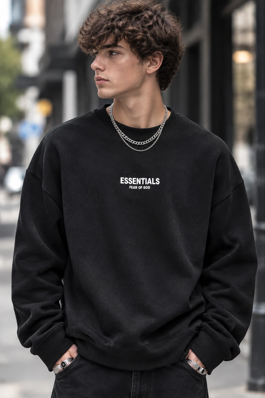 سویشرت دورس پنبه سه‌نخ مشکی لش طرح اسنشالز | Men’s Streetwear Crewneck