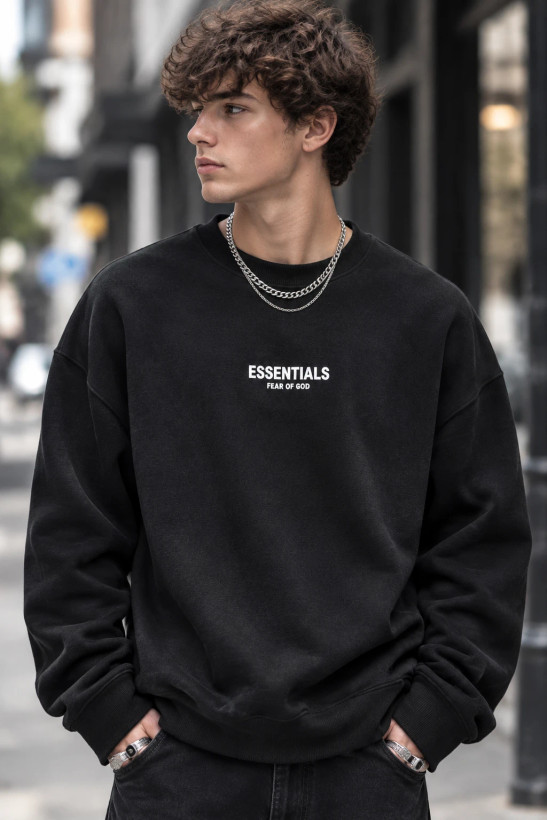 سویشرت دورس پنبه سهنخ مشکی لش طرح اسنشالز | Men’s Streetwear Crewneck