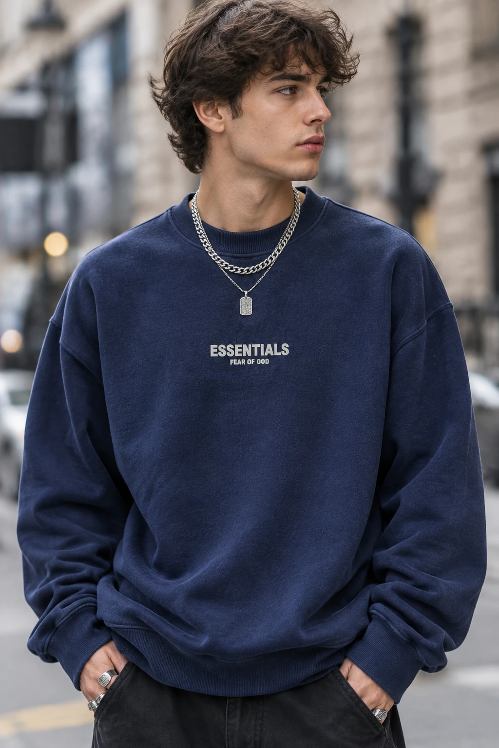 سویشرت دورس پنبه سه‌نخ سرمه ای لش طرح اسنشالز | Men’s Streetwear Crewneck