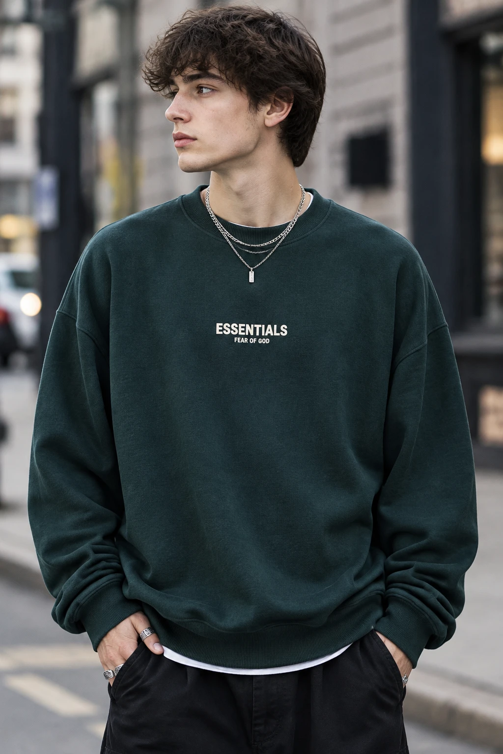 سویشرت دورس پنبه سه‌نخ سبز جنگلی لش طرح اسنشالز | Men’s Streetwear Crewneck