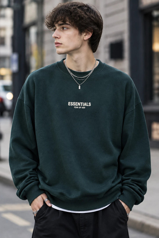 سویشرت دورس پنبه سهنخ سبز جنگلی لش طرح اسنشالز | Men’s Streetwear Crewneck