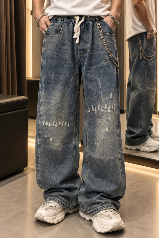 شلوار واید لگ جین طرح زاپ خطی وینتیج آبی | Men’s Vintage Washed Frayed Denim