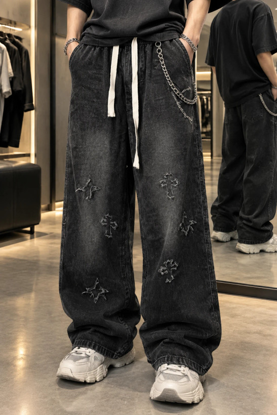 شلوار بگ جین مردانه طرح گوتیک Y2K مشکی زغالی مستر کوالیتی | Gothic Cross Baggy Jeans