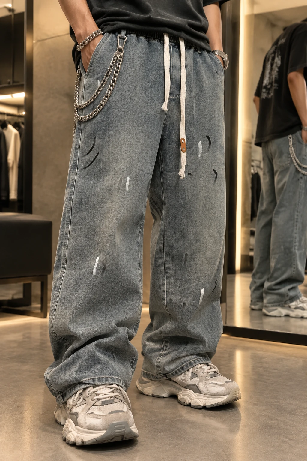 شلوار جین لش استریت‌استایل آرت‌ورک کمر کشی ابی دودی مستر کوالیتی | Vintage Painted Denim Pants