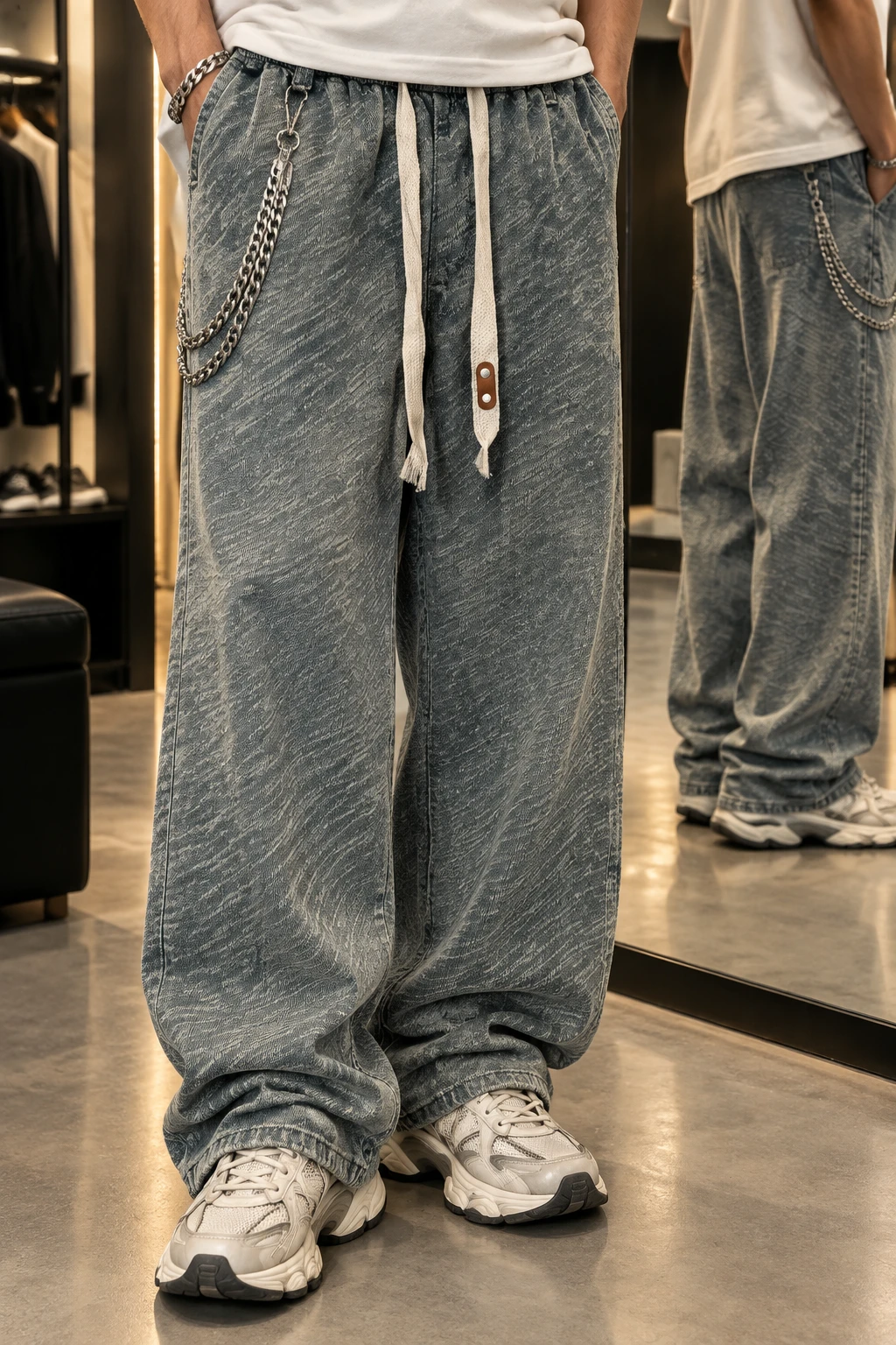 شلوار دنیم بگ کژوال مستر کوالیتی بافت برجسته زنبوری | Smoky Blue Streetwear Pants